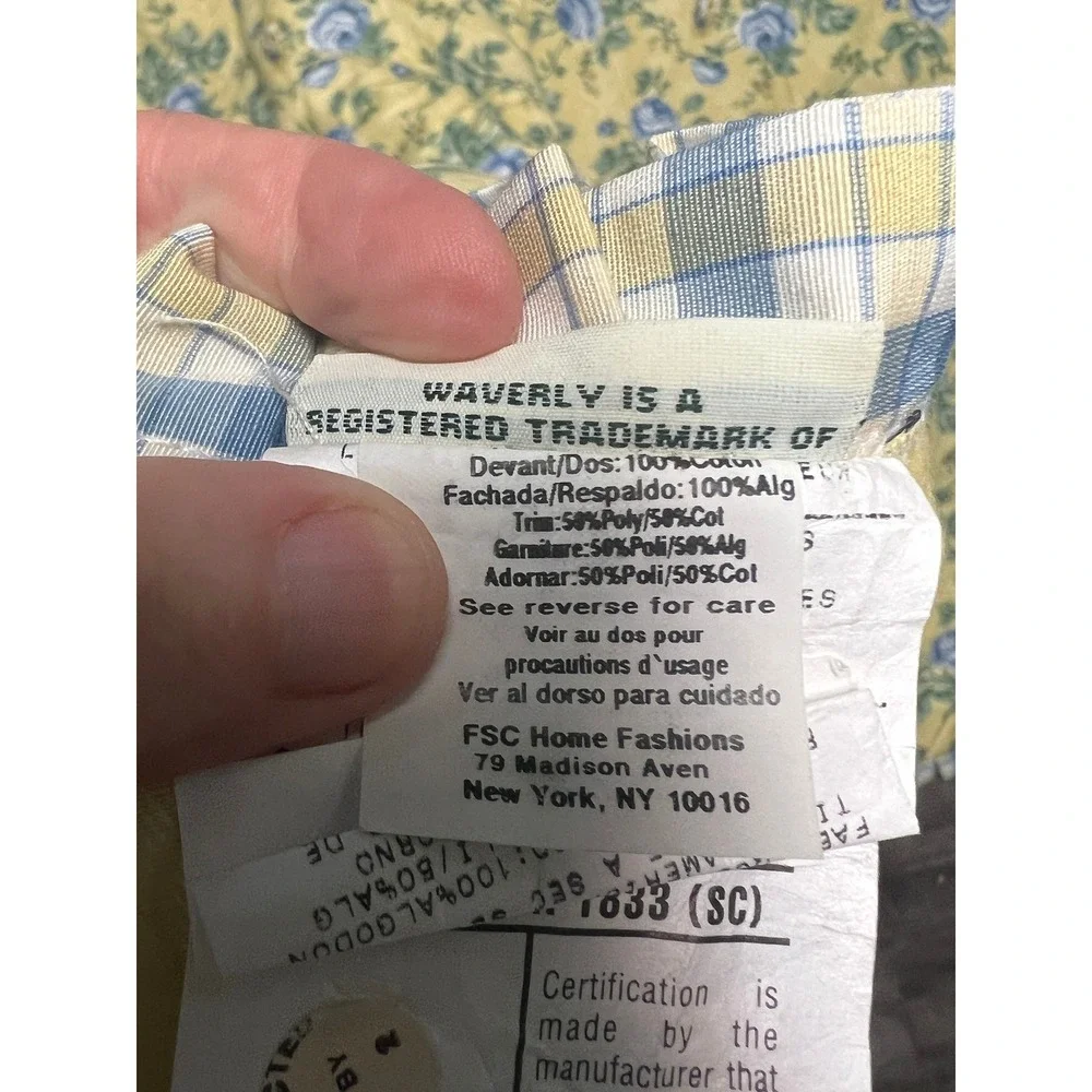 VTG Waverly Comforter Blanket Floral Reversible King Blue Yellow Gingham Ruffle